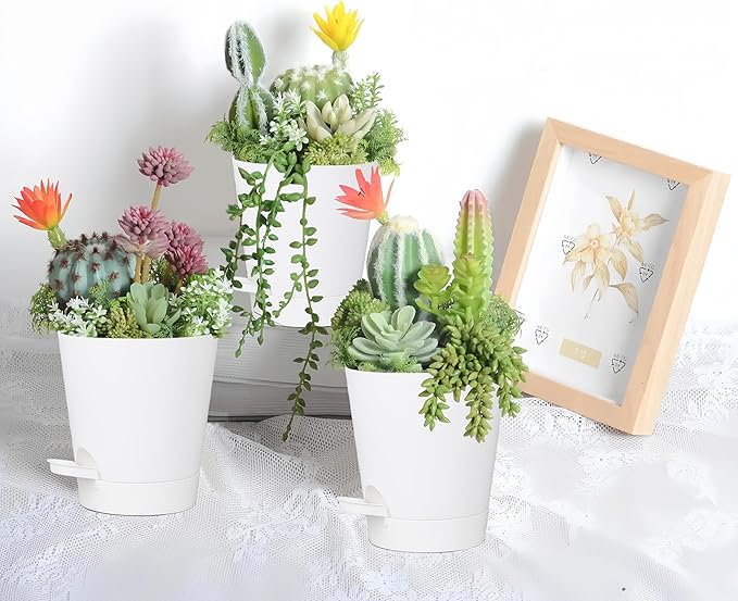 zople 12 Pack 4 Inch Self Watering Plant Pots with Drainage and Saucers，Plastic Flower Pots for Indoor and Outdoor Plants, Nursery Planters for Houseplants and Herbs White, 4 inch 12pcs