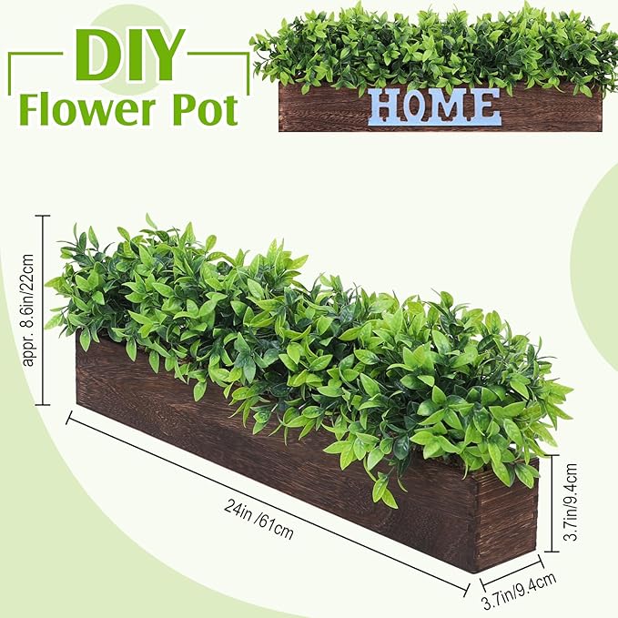 Lyrow 2 Pack Artificial Eucalyptus Plant in Rectangular Rustic Wooden Planter Box Faux Potted Herb Plant Table Centerpiece for Kitchen Windowsill Shelf Decor (Brown,24 '')