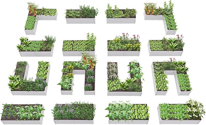 A ANLEOLIFE 16-Piece 18 Inch Tall Galvanized Raised Garden Beds Kit, Rectangular,U-Shaped & L Shaped Metal Planters – Ideal for Backyard Structured Garden Layouts, Antique White