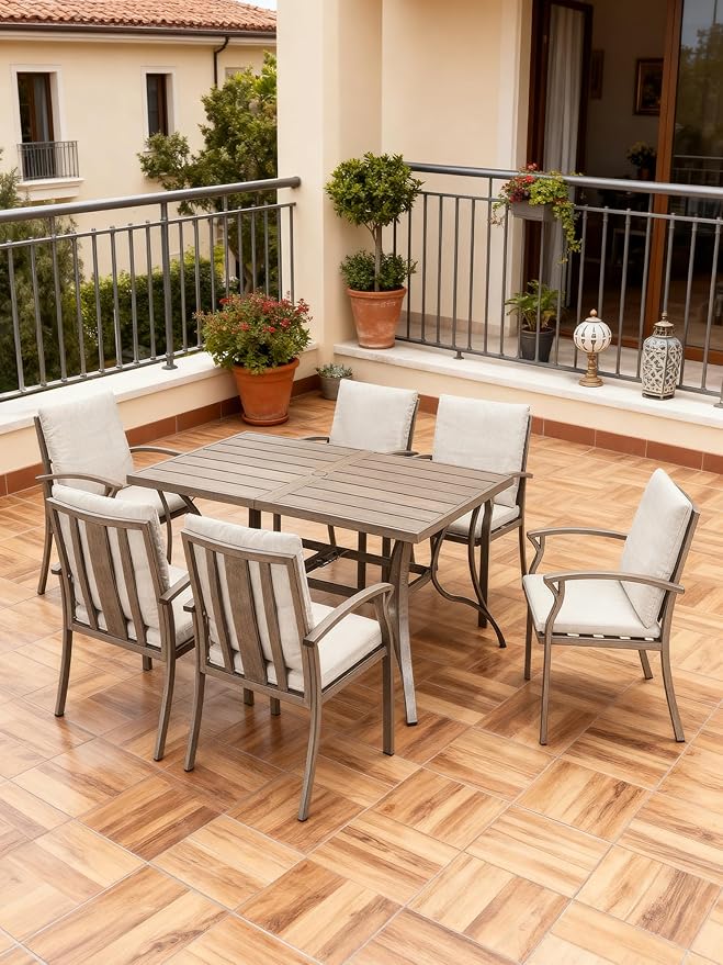 Patio Dining Chair Set of 6, Outdoor Dining Chairs with Thick Cushion, Sturdy Aluminum Outdoor Chairs for Table, Outdoor Dining Furniture Set for Deck, Garden, Backyard, Pool, Limed Oak