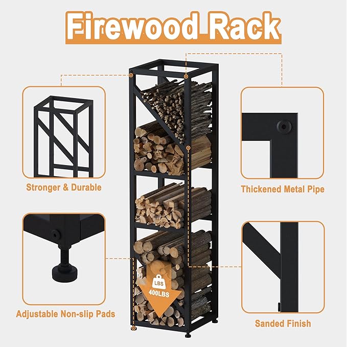 47 Inch Tall Indoor Firewood Rack Outdoor, 5-Tier Functional Fireplace Log Holder, Heavy Duty Metal Firewood Storage Rack, Decorative Log Organizer, Anti-Rust Coating, Adjustable Pads