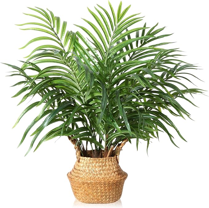 MOSADE Artificial Palm Tree 28Inch Fake Potted Areca Palm Plant with Handmade Seagrass Basket, Perfect Faux Tree Home Décor for Indoor Outdoor Office Porch Balcony Bedroom Bathroom Gift