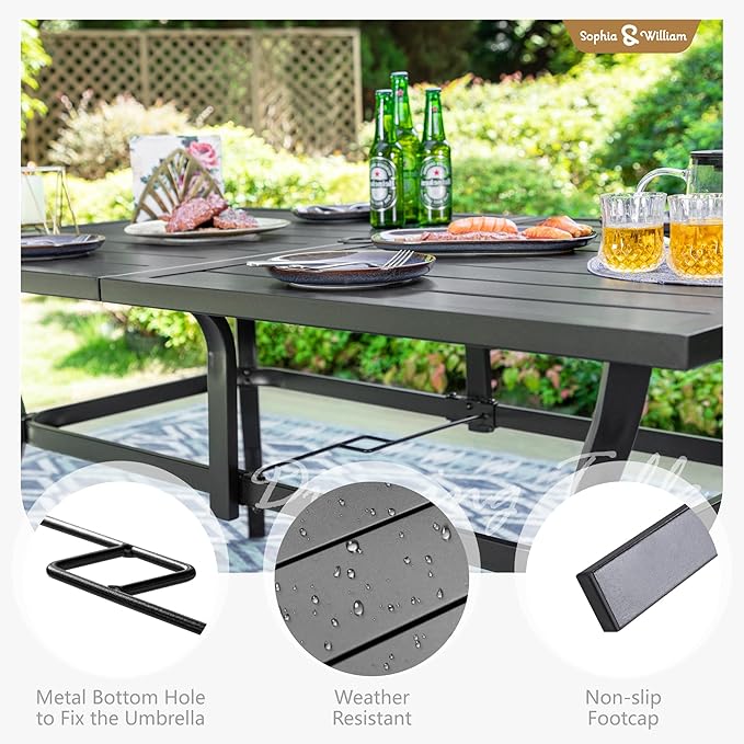 Sophia & William Outdoor Patio Table for 6 People, Rectangular Metal Patio Outdoor Dining Table, Black Steel Slatted Weather-Resistant Table with 2" Adjustable Umbrella Hole, L60 * W38 * H28