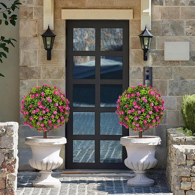 25" Artificial Boxwood Topiary Ball Trees with RoseFlowers, Set of 2 UV Resistant No Fade Outdoor Faux Plants with Ground Spike, Fake Shrubs for Garden, Patio, Porch, Yard, Indoor