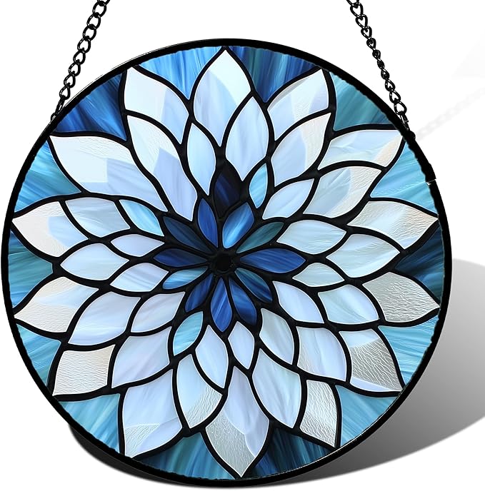 AMDERVEN Stained Glass Suncatcher, Blue White Multi-Petal Flowers Sun Catcher Landscape Stain Glass Window Hanging Decoration Mother's Day Birthday Gifts for Women Men Mom Nana 6.3 in