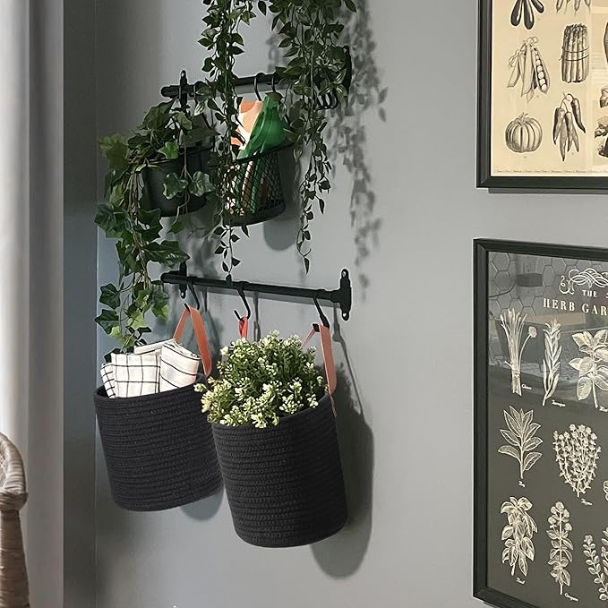 2 Pack Hanging Basket, Small Wall Baskets for Organizing, Wicker Boho Wall Decor Set, Indoor Hanging Plant Holder, Rattan Woven Storage Bin for Home Decor, Farmhouse Storage Box, Black