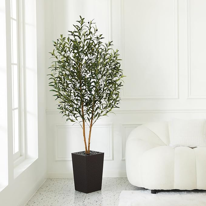 VeriNatural Artificial Olive Tree 6FT - Tall Faux Olive Trees with Natural Wood Trunk, Silk Leaves, Brown Taper Planter & Pebbles, UV Resistant Fake Plants Indoor for Home Decor, Office,Outdoor,VN131
