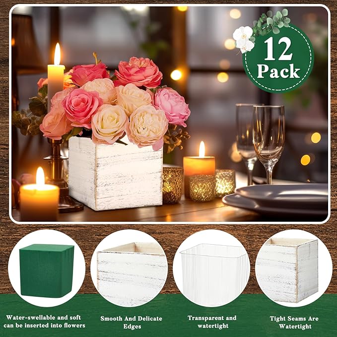 Dandat 12 Sets Wooden Cube Planter Boxes for Centerpiece 4 Inch Flower White Wood Rustic Square Vase with Removable Plastic Liner Floral Foam Block for Garden Wedding Home Arrangement Decor
