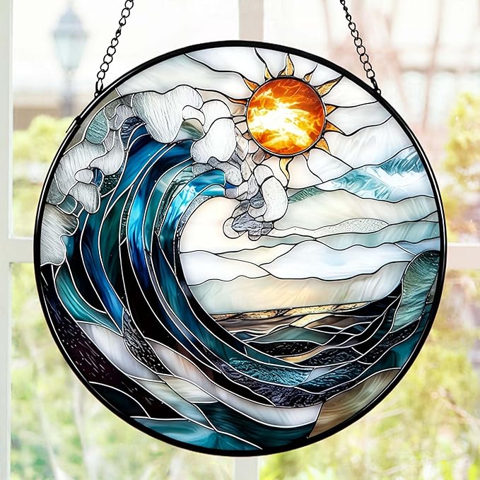 7.8'' Sea Stained Glass Window Hanging,Ocean Blue Waves Suncatcher for Window Hanging, Beach Lover Gifts, Beach Decor, Coastal Suncatcher, Gifts for Friends, Couples, Family, Colleagues