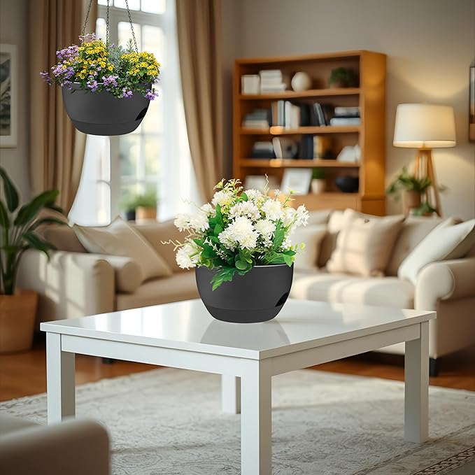 zople 2 Pack 12 Inch Large Hanging Planters with Chains Self Watering Black Plastic Hanging Pots for Indoor Outdoor Plants, Garden Porch Home Decor，Black