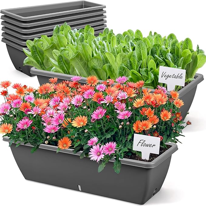 8 Pack 24 Inches Plastic Flower Window Box Planters with Water Absorbing Net Drainage Holes & Visible Water Level Window, Rectangular Vegetable Flower Pots for Indoor Outdoor Garden(Gray)