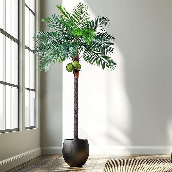 Erimda 30-Year Factory Faux Coconut Tree - 8.2FT Faux Palm Tree Realistic Thick Trunk & Heavy Duty Leaves, Hand-Carved Bark Texture, Indoor Tropical Decor for Living Room/Store, No Shiny Plastic Look