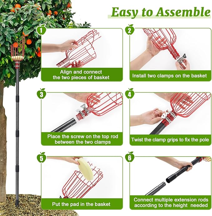 Fruit Picker, Fruit Picker Pole with Basket Extendable Long Handle, Easy to Assemble & Use Fruits Picker Tool for Orange Lemon Apple Mango Avocado (13FT)