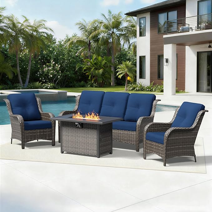Joyside 4 Piece Wicker Patio Furniture Set with Fire Pit Table, Rattan Patio Chairs with High Back, Deep Seating, Wide Armrest, Thickened Cushions, Outdoor Furniture for Deck, Porch Use