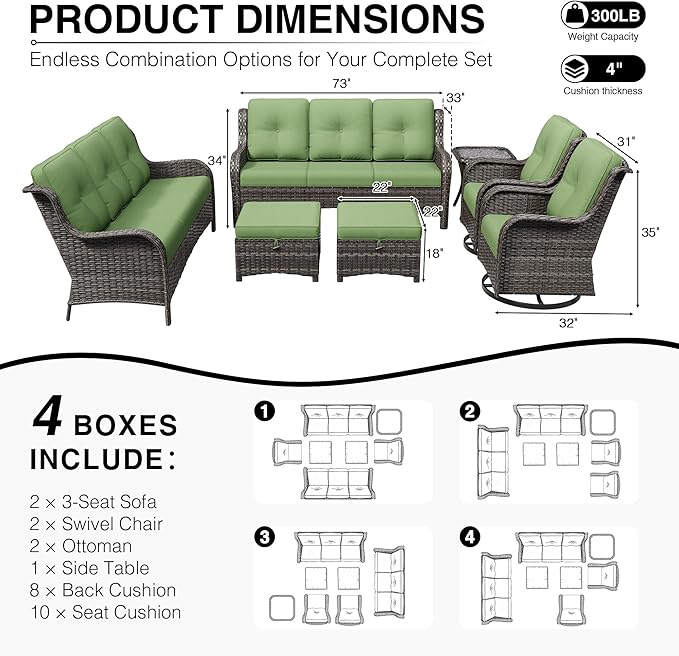Joyside 7 Piece Wicker Patio Furniture Set, Outdoor Swivel Rocker Patio Chairs with High Back, Deep Seating, Wide Armrest, Thickened Cushions, Outdoor Furniture for Deck, Porch Use