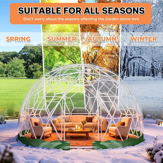 Garden Dome 9.5 * 5.7FT, 360° View Geodesic Dome Greenhouse with PVC Clear Cover, Waterproof Garden Bubble Dome Tent House with 2 x 10M Light Strings for Outdoor, Green