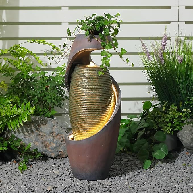 Modern Outdoor Freestanding Water Fountain with LED Lights, Resin Garden Water Feature with Planter Top for Patio, Yard & Porch, 29.5"H Sculptural Oval Waterfall Fountain Indoor Decor, Realaxing Sound
