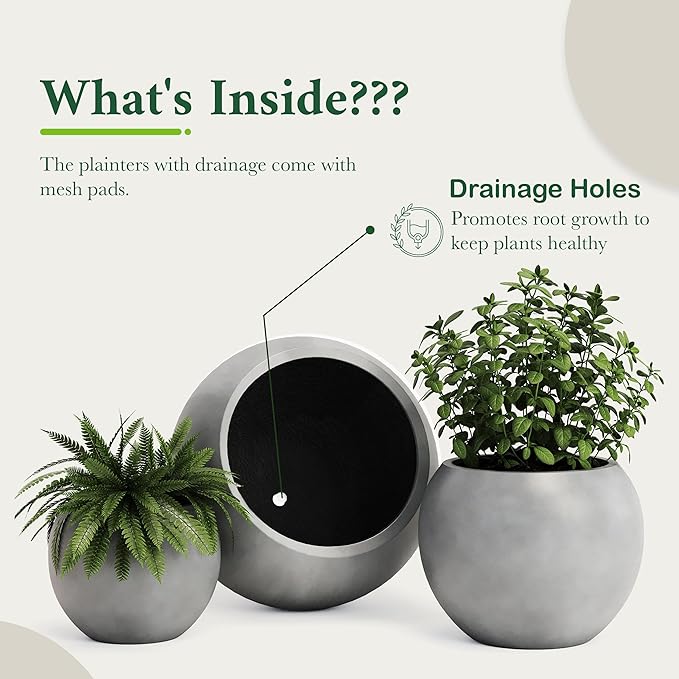 DTY Signature Mount Sherman 12.6''D x 9.8''H Modern Indoor Outdoor Fiberstone Sphere Planter, Durable Round Garden Pot, Weather Resistant, Drainage Hole & Rubber Plug - Small, Gray