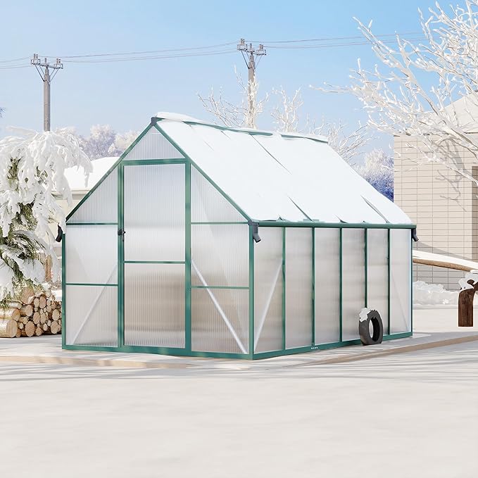 Polycarbonate Greenhouse for Outdoors, Large Walk-InGreenhouse with Quick Setup Structure and Roof Vent, Greenhouse with Ventilation