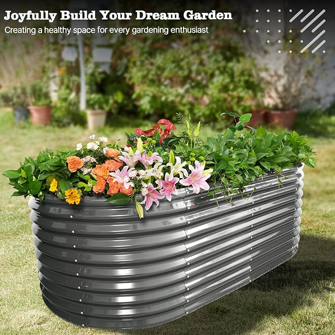 A ANLEOLIFE 30" Extra Tall Galvanized Raised Garden Beds Outdoor, 8x4x2.5ft Oval Metal Planter Boxes for Planting Vegetables, Flowers, Fruits, Eco-Safe & Easy Setup, Quartz Grey