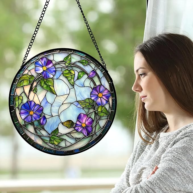 DASTOLL Stained Glass Window Hanging, Purple Morning Glory Flowers Suncatcher for Doors Window Home Plant Sun Catchers Decoration Mother's Day Birthday Gifts for Women, Men, and Mom 15x15 in