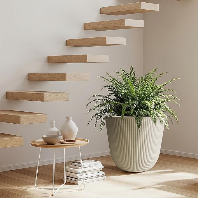 WORTH Garden Round Large Planter Pot 1-Pack - 17.5" Dia x 15.5" H - Durable Plastic Beige Plant Tree Pots with Vertical Stripe Textured Finish, Drainage Hole for Indoor, Outdoor, Front Porch, Patio