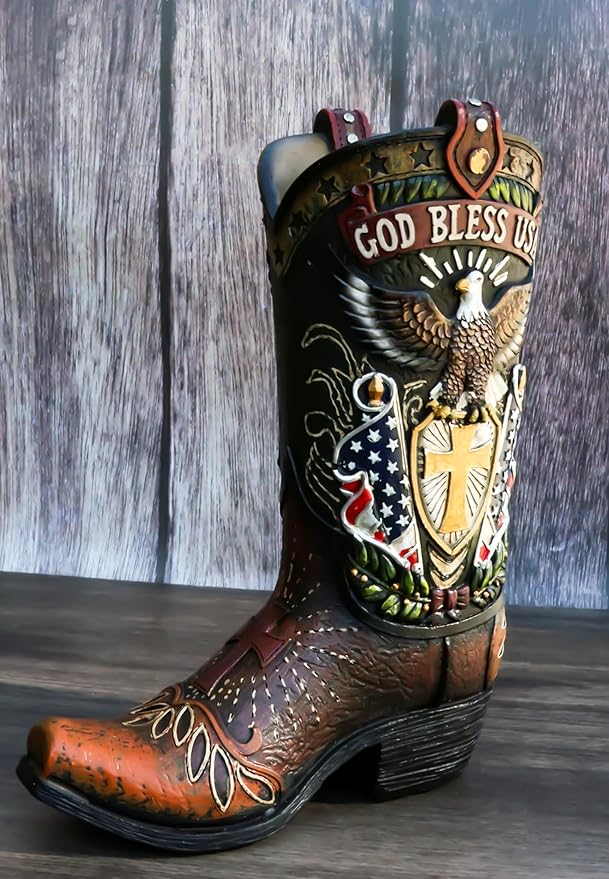 Ebros Gift Rustic Western Country USA American Flag God Bless USA Eagle Seal Crest Cowboy Boot Decorative Flower Bouquet Vase Or Planter Figurine 10" High