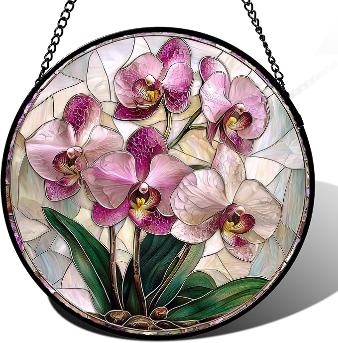 AMDERVEN Stained Glass Window Hanging - Pink Purple Phalaenopsis Flowers Sun Catcher for Door Home Decor Plant Suncatcher Christmas Mother's Day Birthday Gifts for Women Men Mom Nana 7.8 in