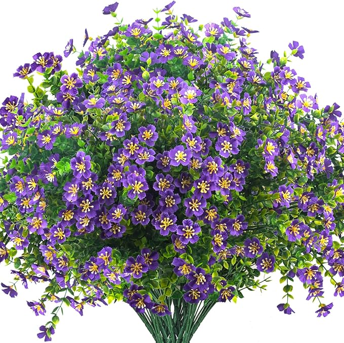 Grunyia Outdoor Artificial Flowers UV Resistant & Fade Proof, 12 Pack Realistic Fake Flowers for Garden, Patio, Lawn Decor - Weatherproof Plastic Plants (Purple)
