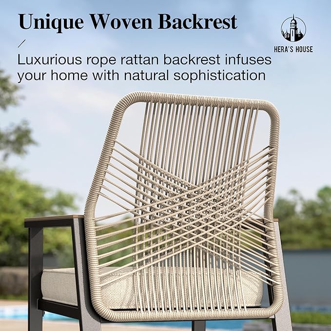 HERA'S HOUSE Outdoor Chairs Set of 4, 36.6" Rattan Dining Chairs with Heavy-Duty Wrought Iron Metal Frame, All-Weather Patio Chair for Garden Lawn Backyard Kitchen Deck