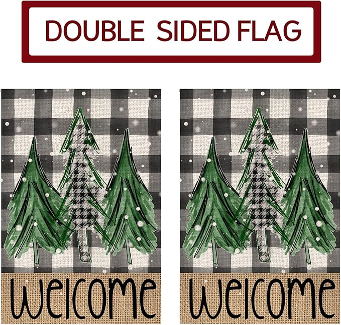 Welcome Christmas Trees Winter Garden Flag 12 x 18 Inch Vertical Double Sided Buffalo Plaid Holiday Yard Outside Xmas Décor