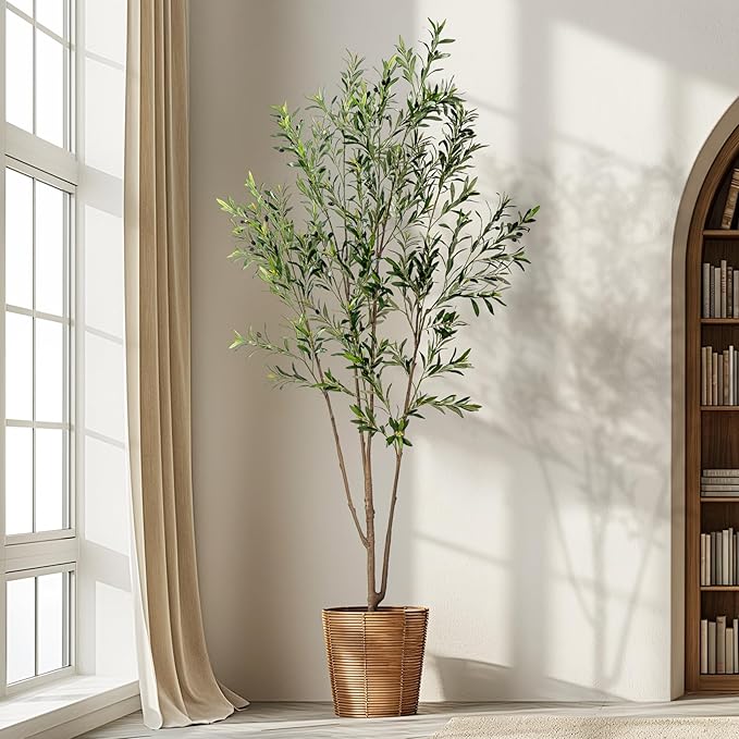 Erimda 8FT Artificial Olive Tree Tall Faux Silk Plant Tall Faux Olive Tree with Natural Wood Trunk & Lifelike Fruits Fake Potted Tree or Home Office Decor