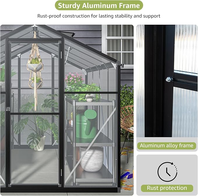 6x8 Ft Greenhouses for Outdoors, UV-Coated Polycarbonate Panels and Aluminium Green Houses for Outside, 2 Roof Vents, Invernaderos para Plantas Exterior, Walk-in Greenhouse Kit for Backyard, Lawn