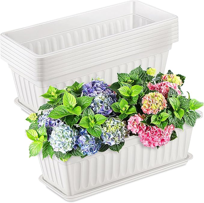 Lallisa 18 Pack Window Box Planter 17 Inches Plastic Vegetable Flower Planter Boxes with Tray White Rectangle Indoor and Outdoor Flower Pots for Windowsill, Patio, Porch, Garden, Balcony