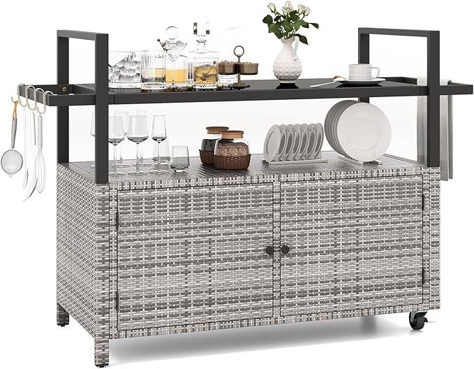 Tangkula Outdoor Bar Cart, Patiojoy Rolling Wicker Buffet Serving Cart with Tempered Glass Top, Storage Cabinet & 8 Hooks, Kitchen Island Cart on Wheels for Porch Backyard Garden Poolside (Mix Grey)