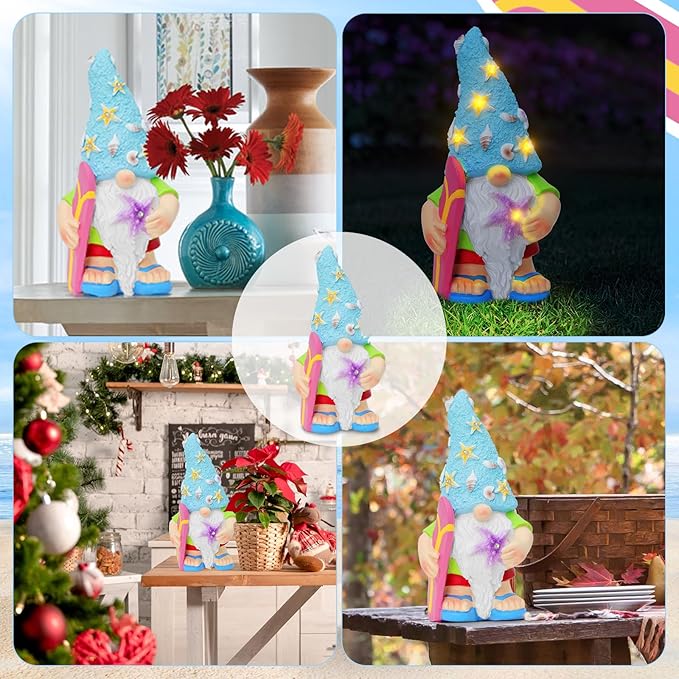 RICHIE Womens Gifts Solar Garden Outdoor Statues Gnome with Surfboard and 5 LED Lights - Unique Housewarming Gifts Lawn Decor Statue for Patio, Balcony, Yard Ornament- Chrismtas Gifts for Mom Grandma