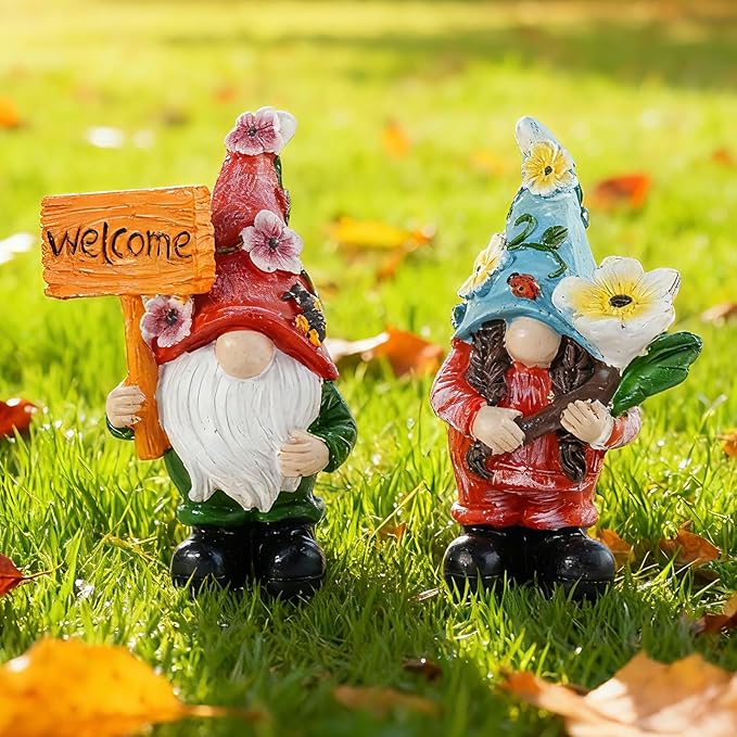 2-Piece Spring Flower Theme Gnome Resin Statues - Outdoor Patio & Lawn Garden Decor, Indoor Home Ornament, Dwarf Garden Figurines, Ideal Gift for Parents & Friends