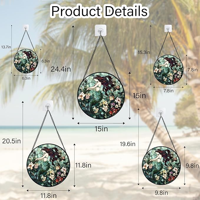 JOSUMALY Stained Glass Window Hanging - Teal Sleeping Mermaid Suncatcher for Door Terrace Garden Home Decor, Sea of Flowers Sun Catcher Birthday Gifts for Lovers Women Men Dad Mom Nana 9.8 in