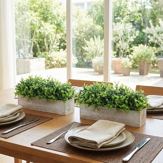 Lyrow 4 Pack Artificial Eucalyptus Plant in Rectangular Rustic Wooden Planter Box Faux Potted Herb Plant Table Centerpiece for Kitchen Windowsill Shelf Decor (White,16 '')
