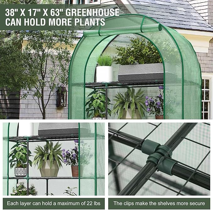 Mini Greenhouse for Outdoors, Portable Small Greenhouse 4-Tiers for Indoor, 38"x17"x62" Green House with PE Cover