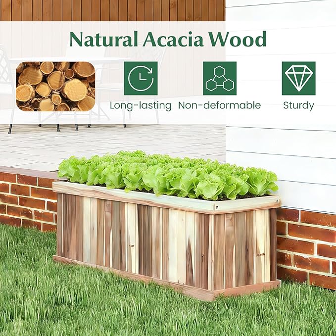 Giantex Acacia Wood Raised Garden Bed, Rectangular Planter Box w/Drainage Gaps, Floor Standing Window Mount for Flower Vegetable Herb Fruit, Outdoor Plant Container for Backyard, Lawn, 36"x12"x12"