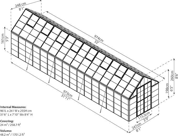 Palram - Canopia Snap & Grow 8 Ft. x 32 Ft. Greenhouse Kit Hobby DIY Walk In Green House Heavy Duty Polycarbonate, Aluminium Frame, with Lockable Door and Vent for Outdoors, Garden, Backyard In Silver