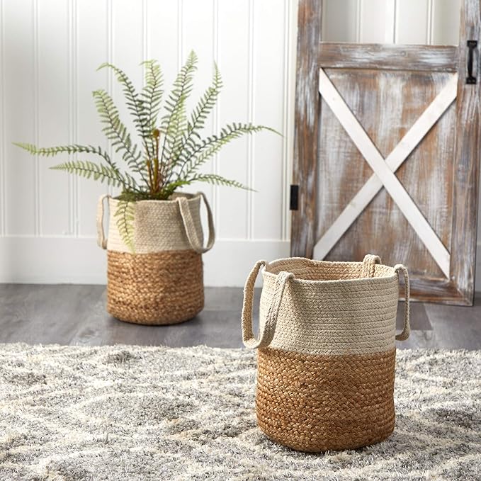 Nearly Natural 12.5in. Handmade Natural Jute and Cotton Basket Planter