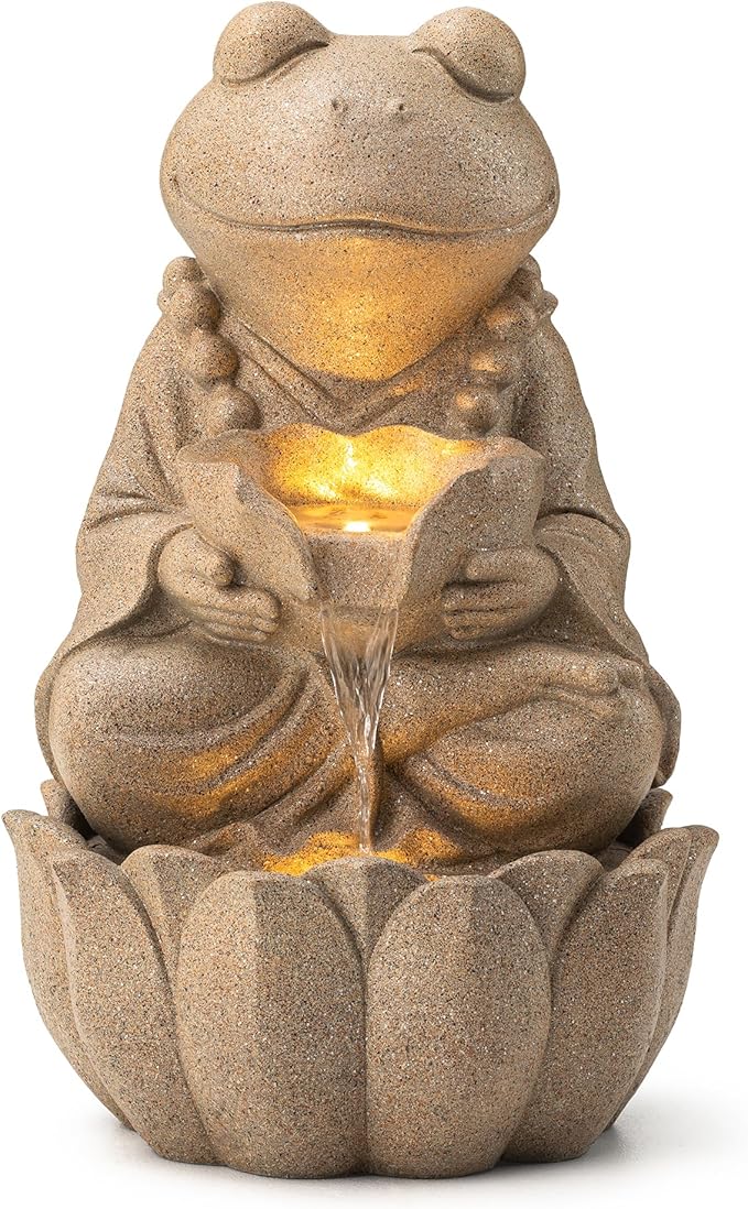 Glitzhome 2-Tiered Zen-Style Frog Polyresin Outdoor Fountain with Pump and LED Light, 21.75" H, Sand Beige