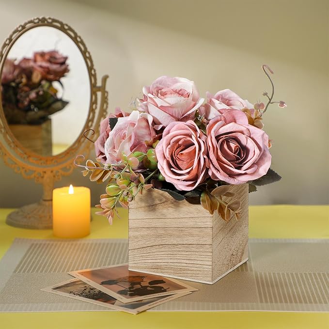 Suzile 12 Set 4 Inch Wooden Planter Box Flower Square Vases for Centerpiece Rustic Cube Planter Box with Removable Foam Blocks Liner Square Vase Craft for Garden Home(Wood Color)