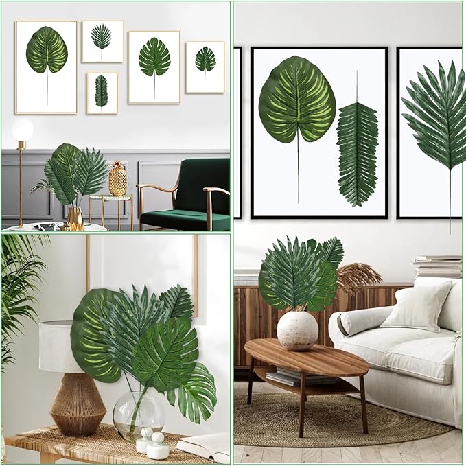 60 Pieces 4 Kinds Artificial Palm Leaves with Faux Stems Tropical Plant Leaves Monstera Leaves Safari Leaves for Hawaiian Luau Party Jungle Beach Table Leave Decorations