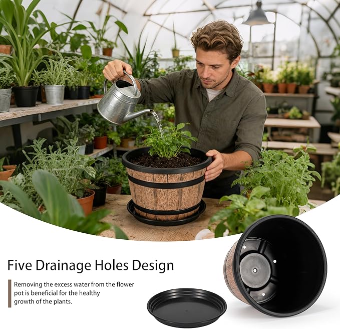 WEICHENGXING 12 Inch Whiskey Barrel Planters with Drainage Holes & Saucer, 5 Pack Plastic Plant Pots with Wine Barrel Design, Flower Pots for Indoor Outdoor Balcony