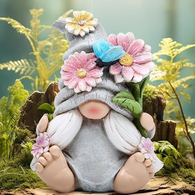 Hodao Flower Gnomes Ornaments Decor Gifts Summer Gnomes Figurines for Garden Decorations Spring Sculptures Gifts for Outdoor Decor for Mom, Grandma (Grey-Woman)