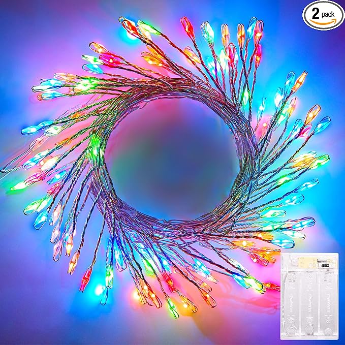 2Pack Battery Operated Fairy Lights, 10 Ft 120LEDs Firecracker String Lights Waterproof Silver Wire Starry Firefly Light for DIY Wreath Home Weeding Indoor Outdoor Christmas Decorations, Multicolor