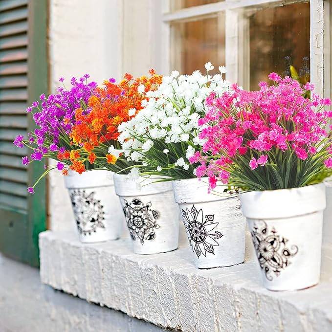 Grunyia Artificial Flowers Outdoor UV Resistant Fake Plants Indoor Outside Hanging Planter Home Garden Decor, 10 Bundles (Pink)